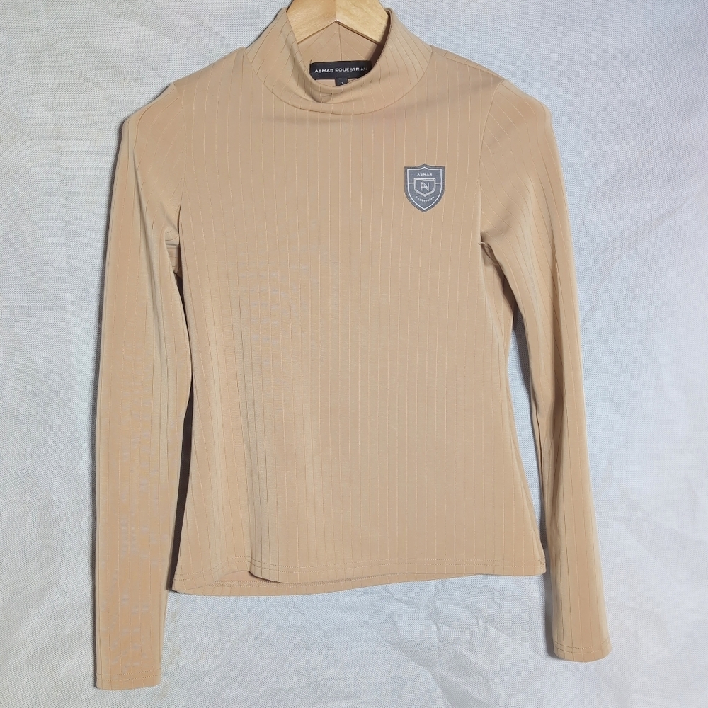 Asmar Equestrian Sz S Tan Long Sleeve Top Elbow Patches Mock Turtleneck